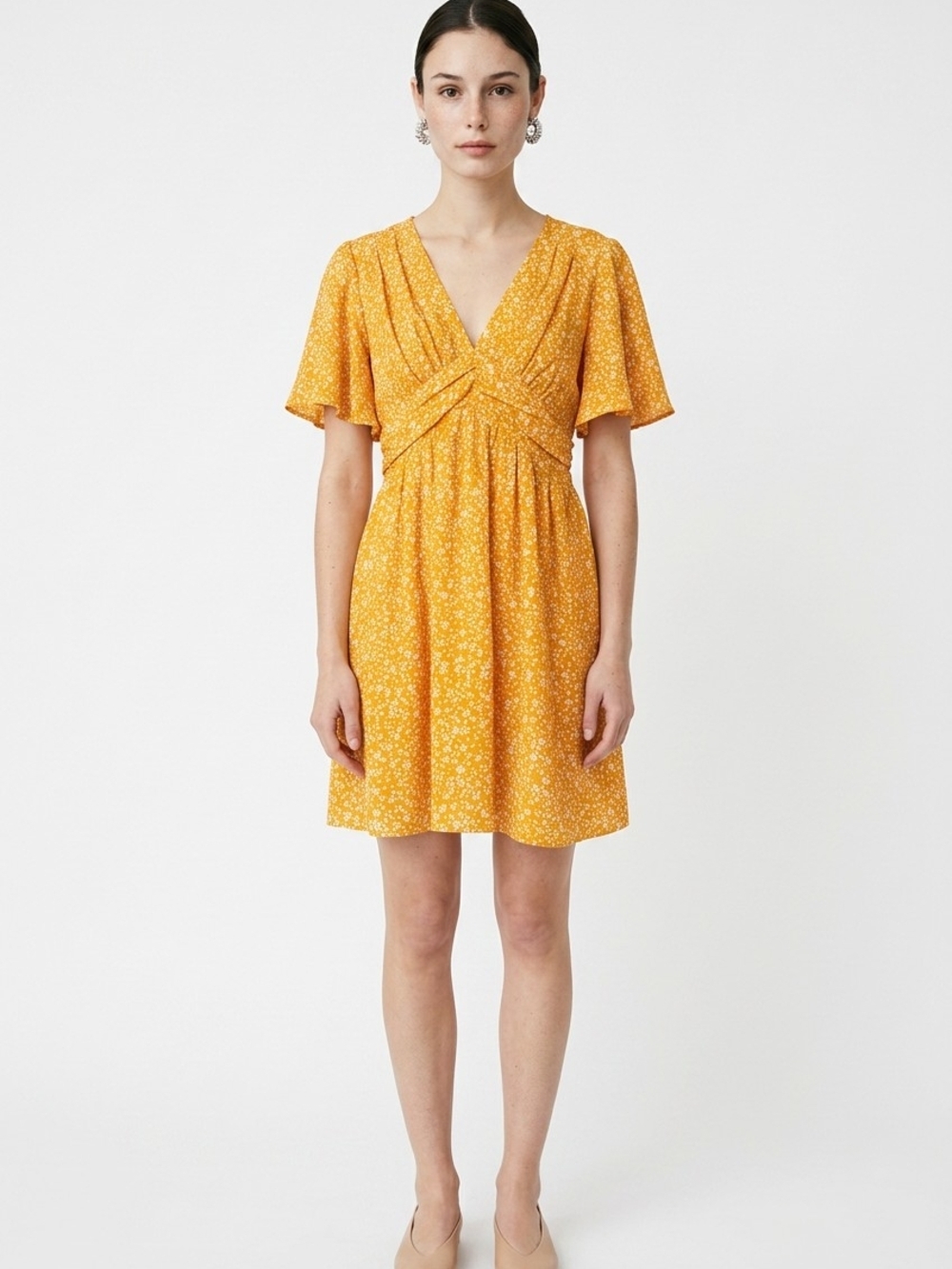 Women's Yellow Floral V-Neck Short Dress